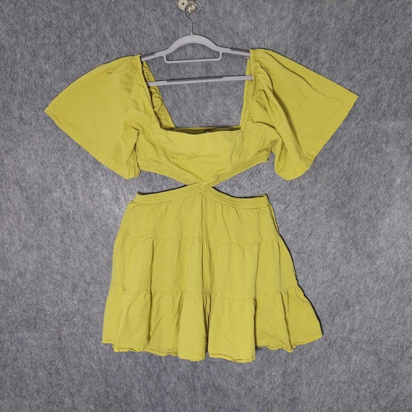 Free People Dress L Linen Cutout Tiered Smocked Yellow Festival Boho Coastal - Picture 1 of 14